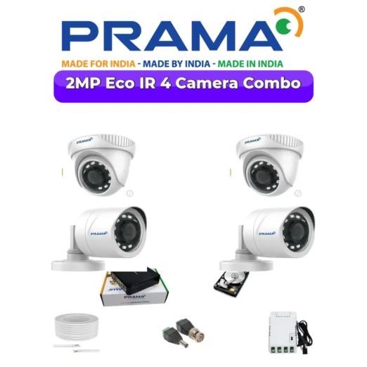 Prama 4 Camera 2MP 1080p HD CCTV Combo Kit | Made in India Security System with installation charges included